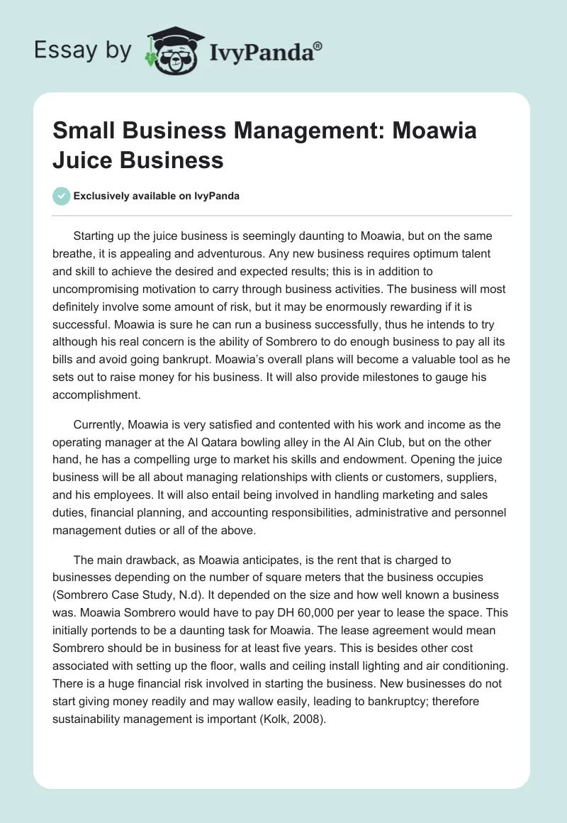 Small Business Management: Moawia Juice Business. Page 1