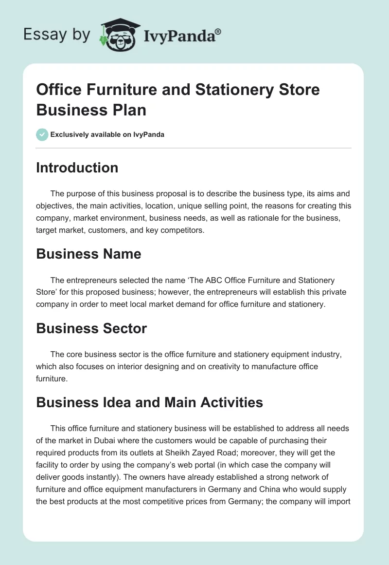 Office Furniture and Stationery Store Business Plan. Page 1