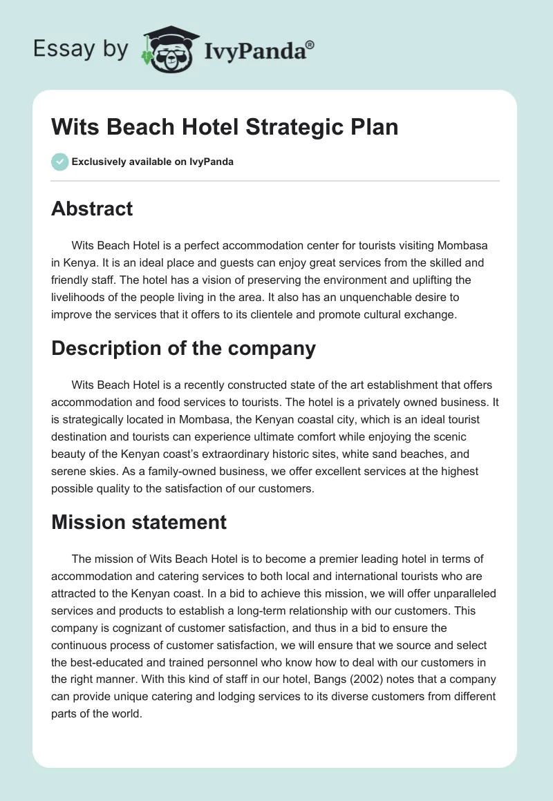 Wits Beach Hotel Strategic Plan. Page 1