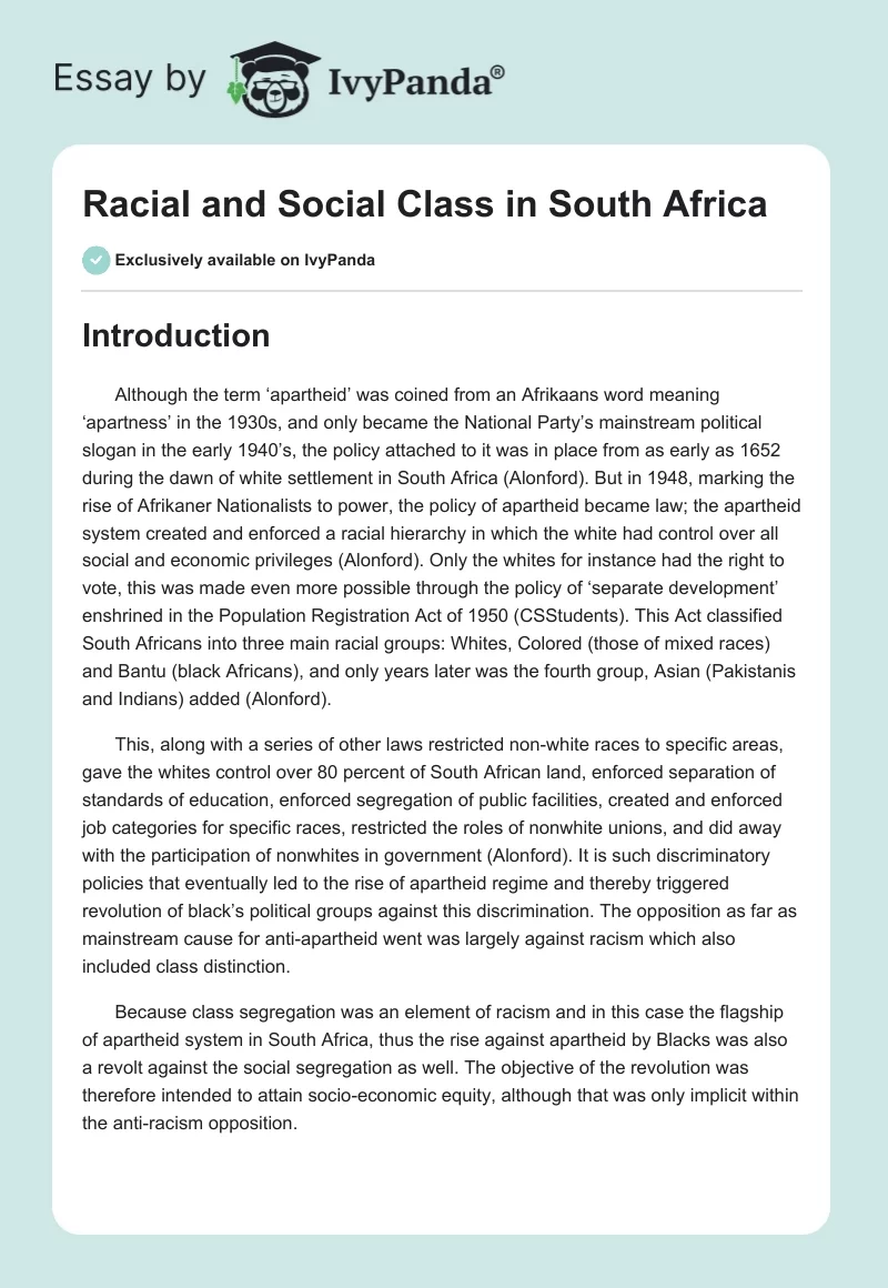 Racial and Social Class in South Africa. Page 1