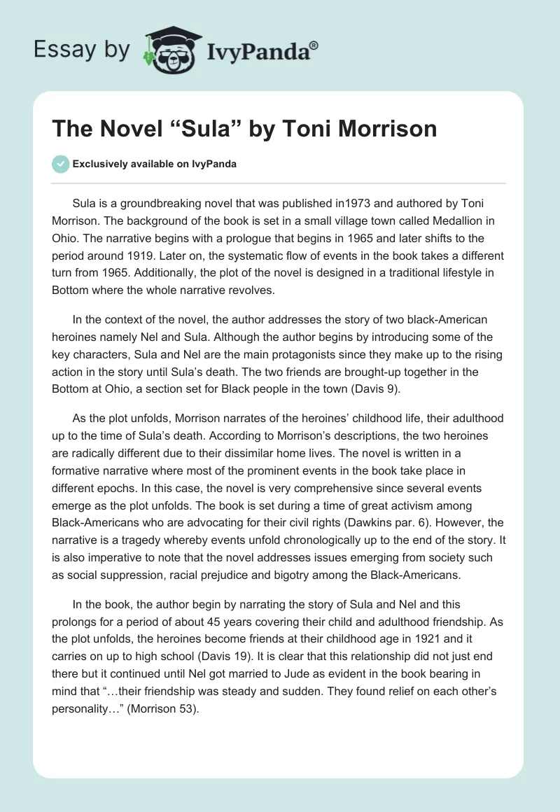 The Novel “Sula” by Toni Morrison. Page 1