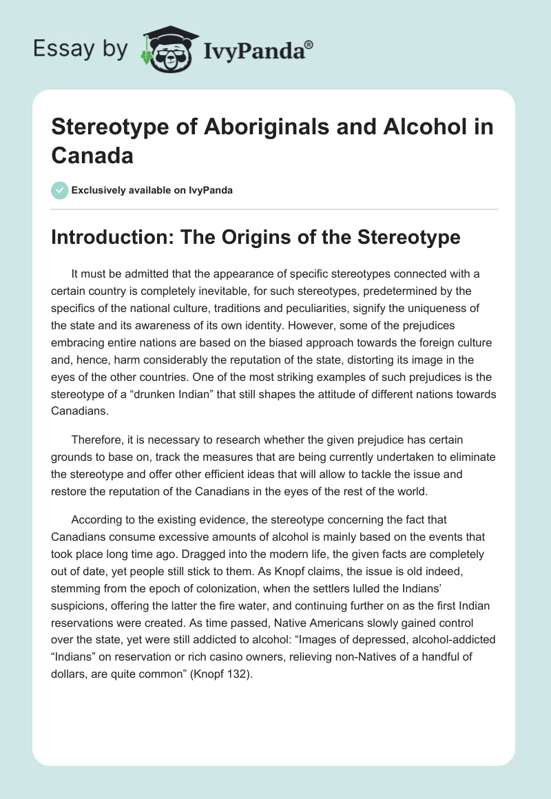 Stereotype of Aboriginals and Alcohol in Canada. Page 1
