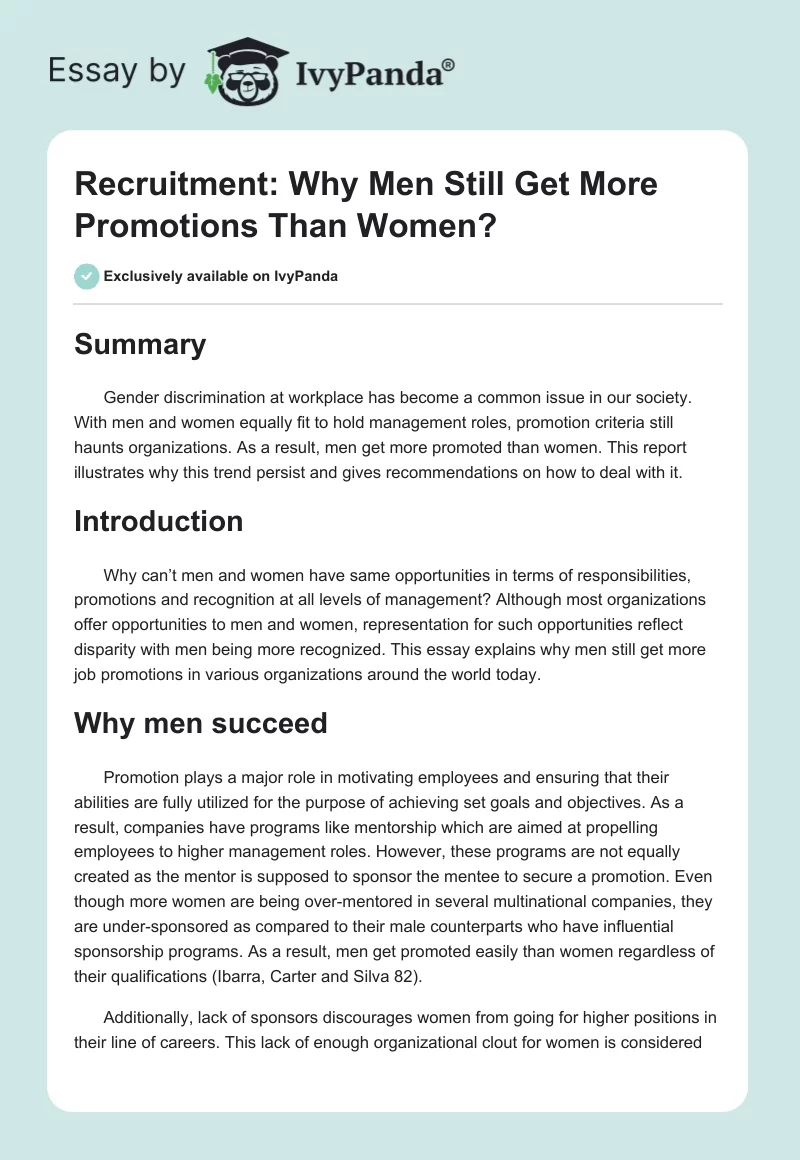 Recruitment: Why Men Still Get More Promotions Than Women?. Page 1