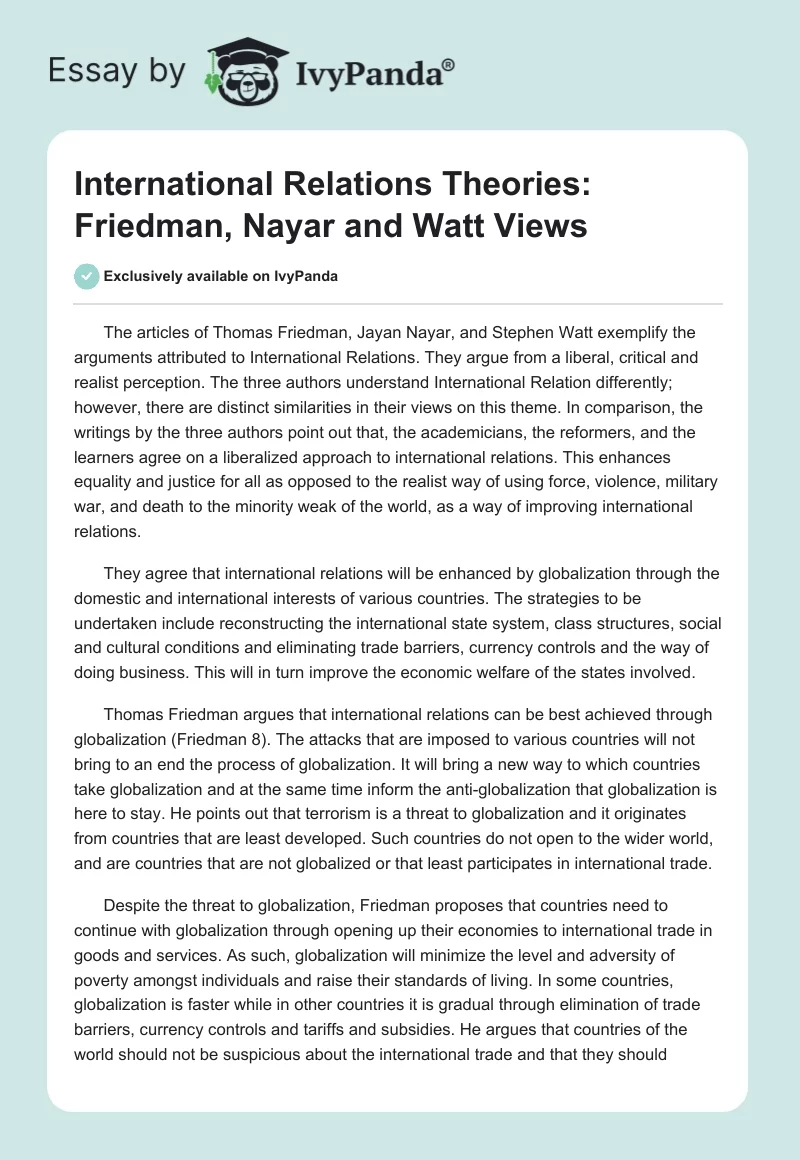 International Relations Theories: Friedman, Nayar and Watt Views. Page 1
