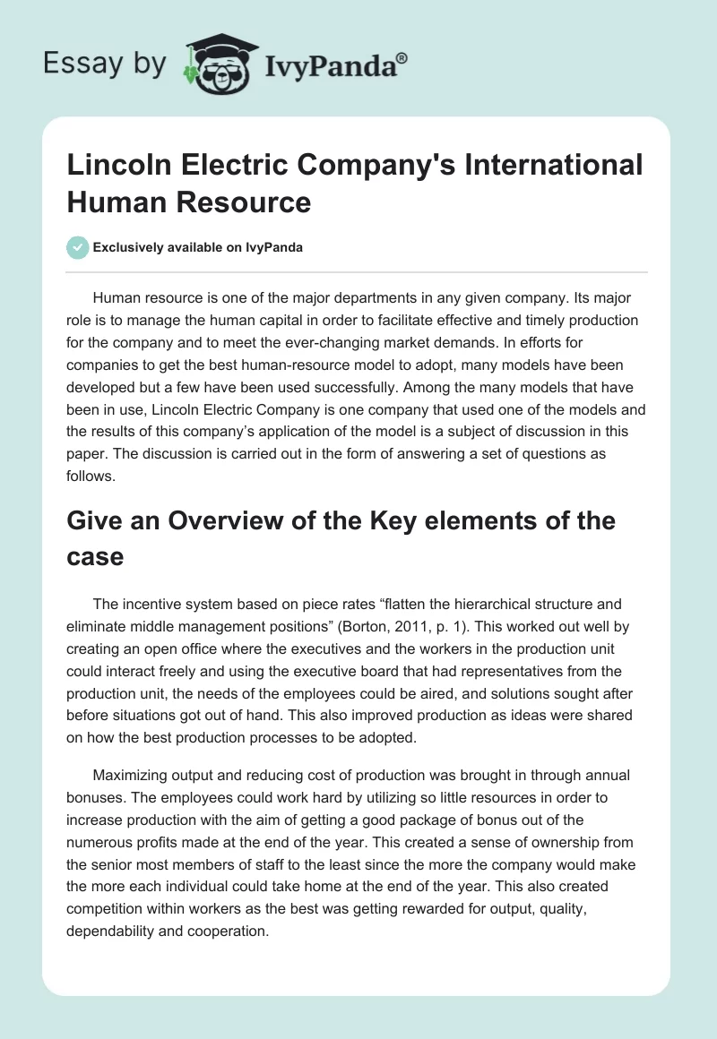 Lincoln Electric Company's International Human Resource. Page 1