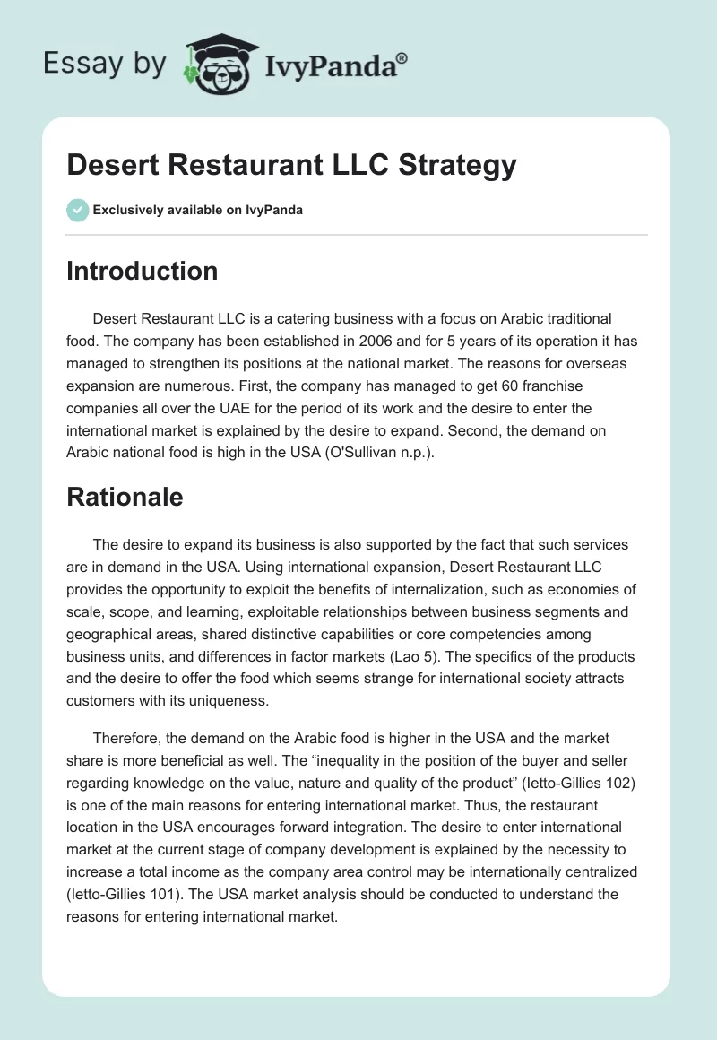 Desert Restaurant LLC Strategy. Page 1