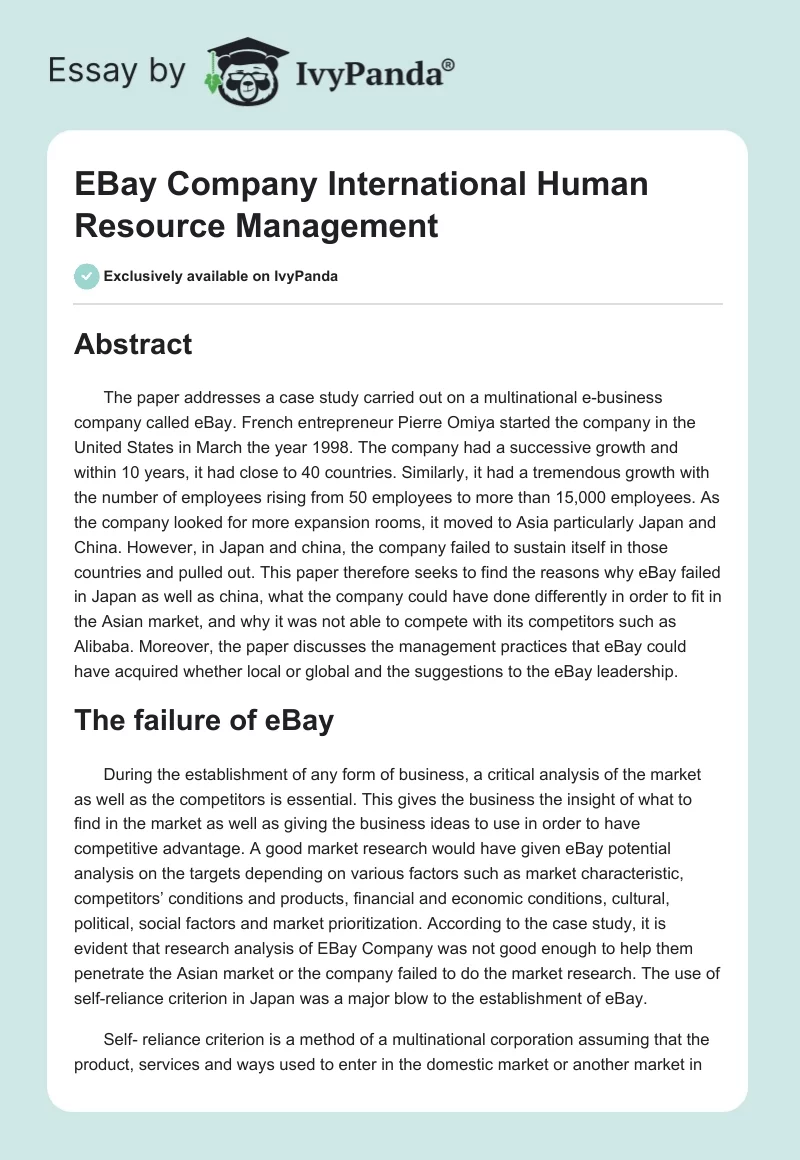 EBay Company International Human Resource Management. Page 1