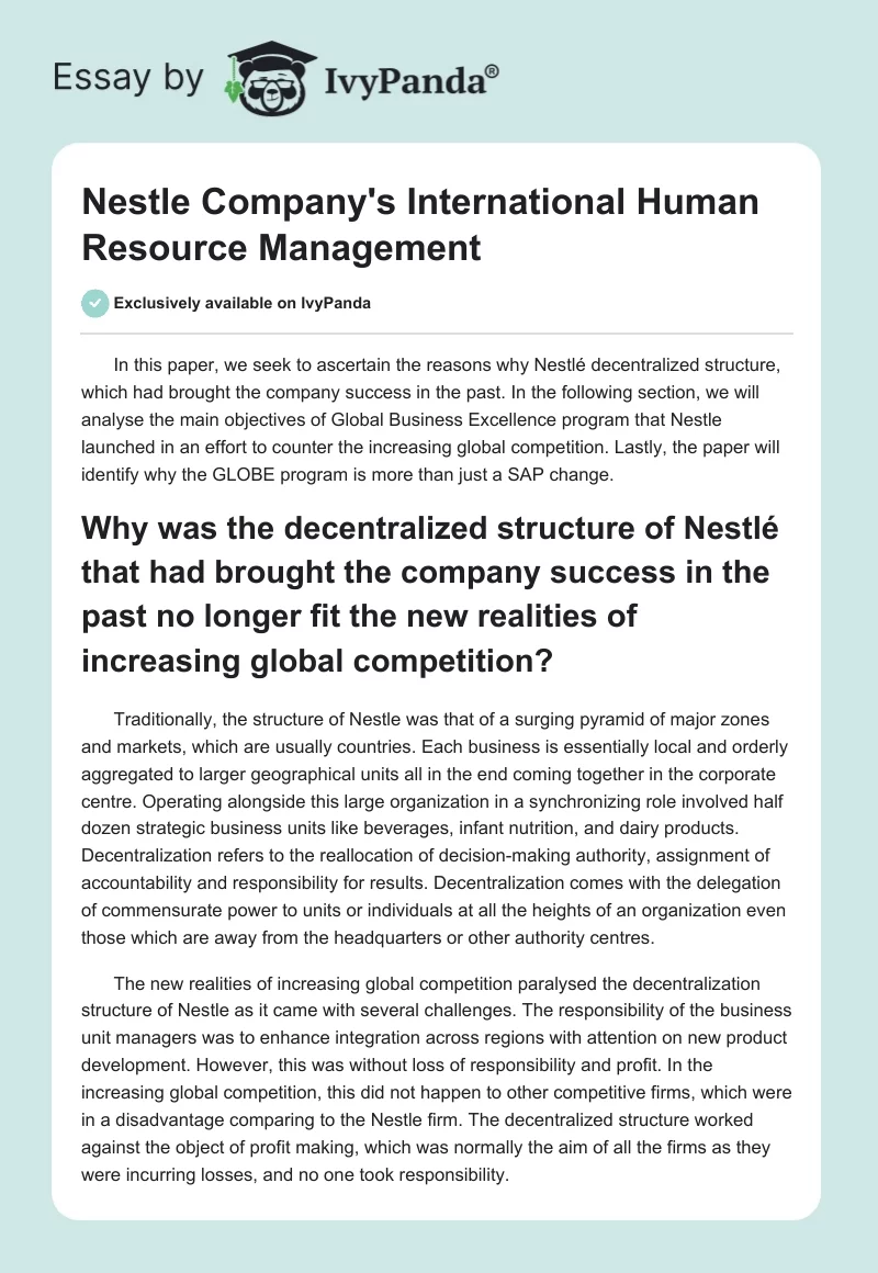 Nestle Company's International Human Resource Management. Page 1