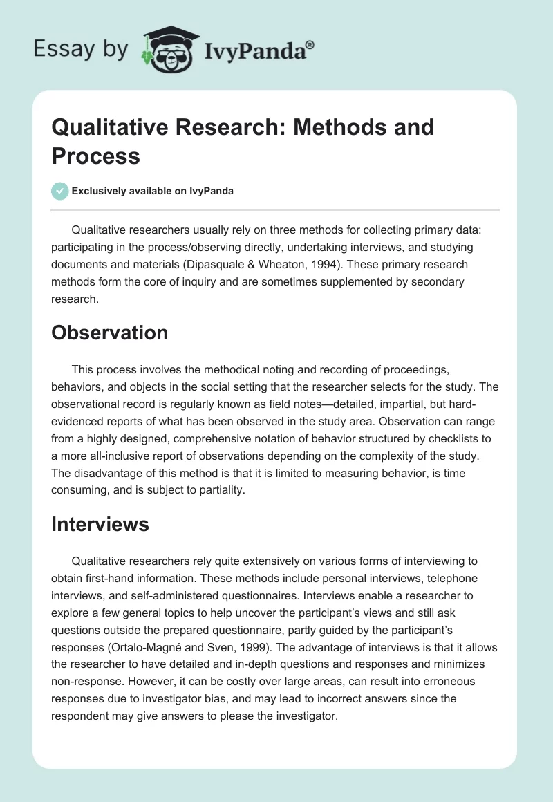 Qualitative Research: Methods and Process. Page 1