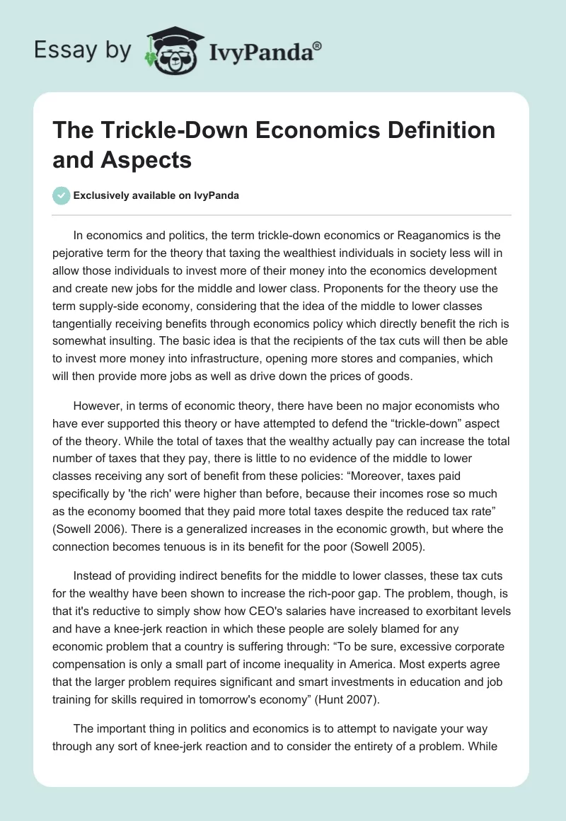 Trickle-Down Economics: Theory, Policies, Critique