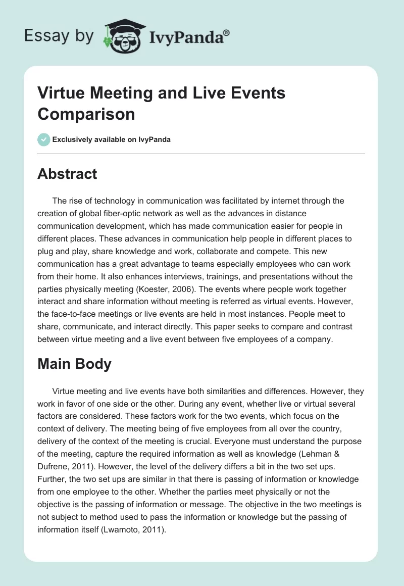 Virtue Meeting and Live Events Comparison. Page 1