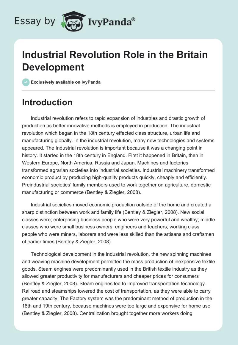 Industrial Revolution Role in the Britain Development. Page 1