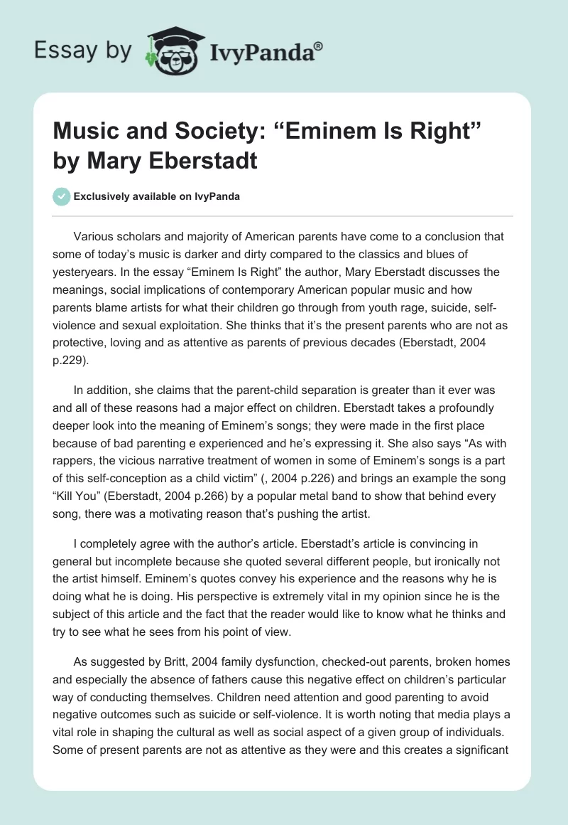 Music and Society: “Eminem Is Right” by Mary Eberstadt. Page 1