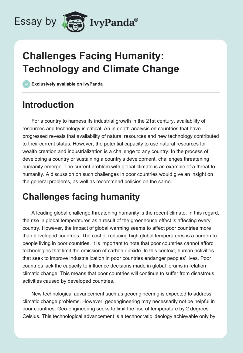 Challenges Facing Humanity: Technology and Climate Change. Page 1