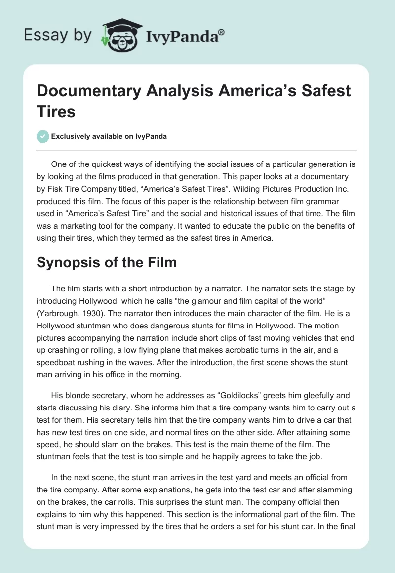 Documentary Analysis "America’s Safest Tires". Page 1