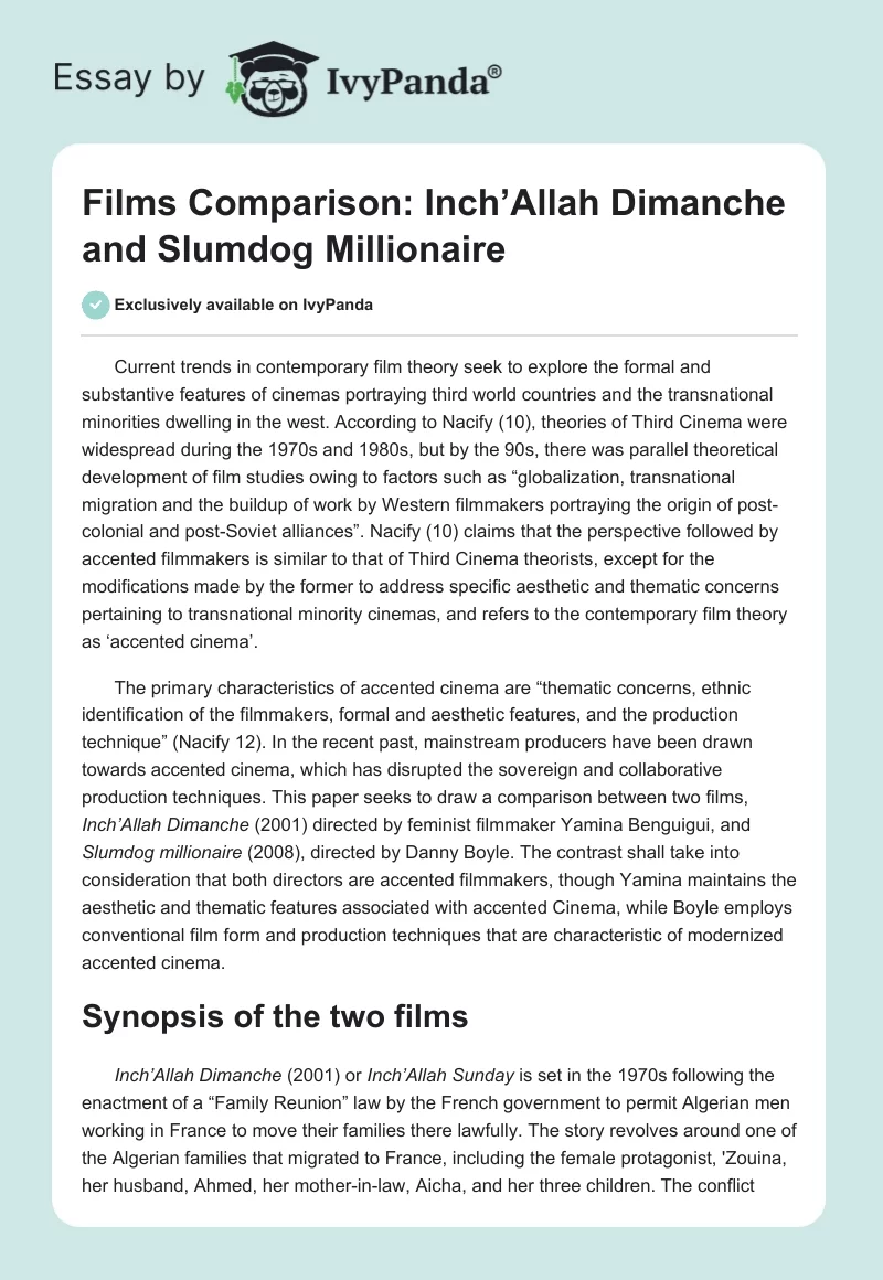 Films Comparison: Inch’Allah Dimanche and Slumdog Millionaire. Page 1
