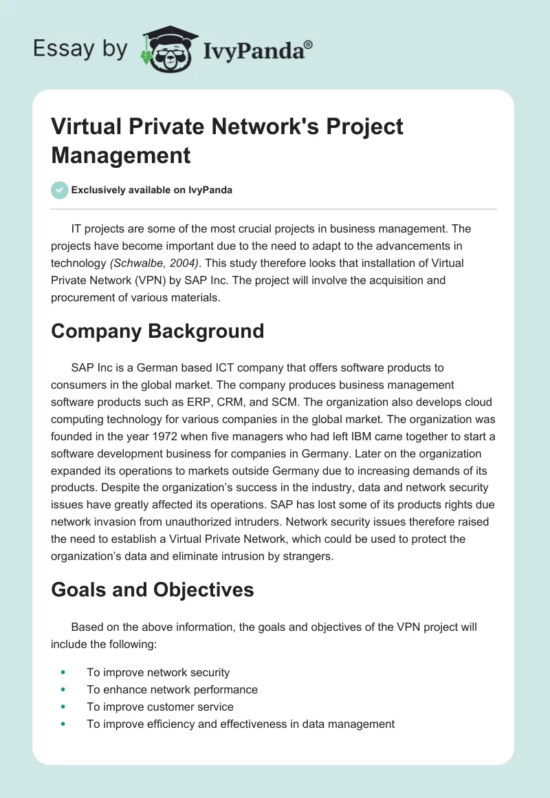 Virtual Private Network's Project Management. Page 1