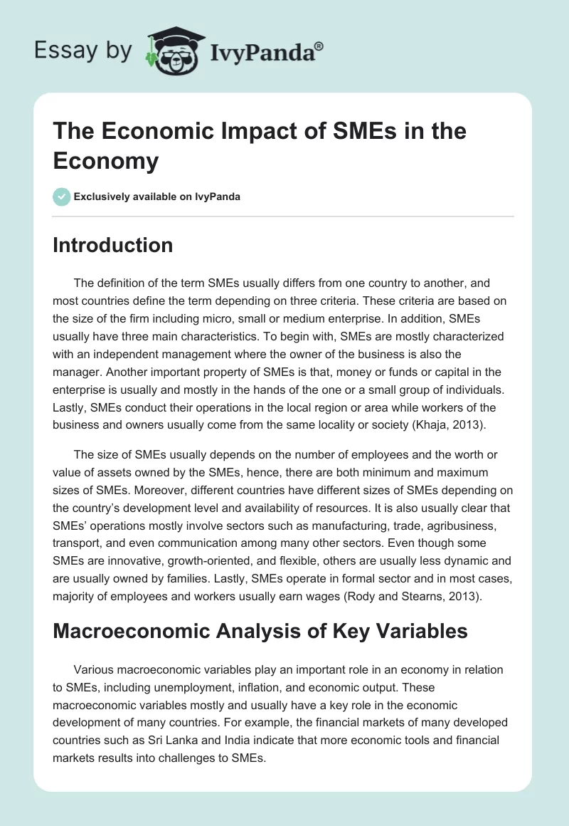 The Economic Impact of SMEs in the Economy. Page 1