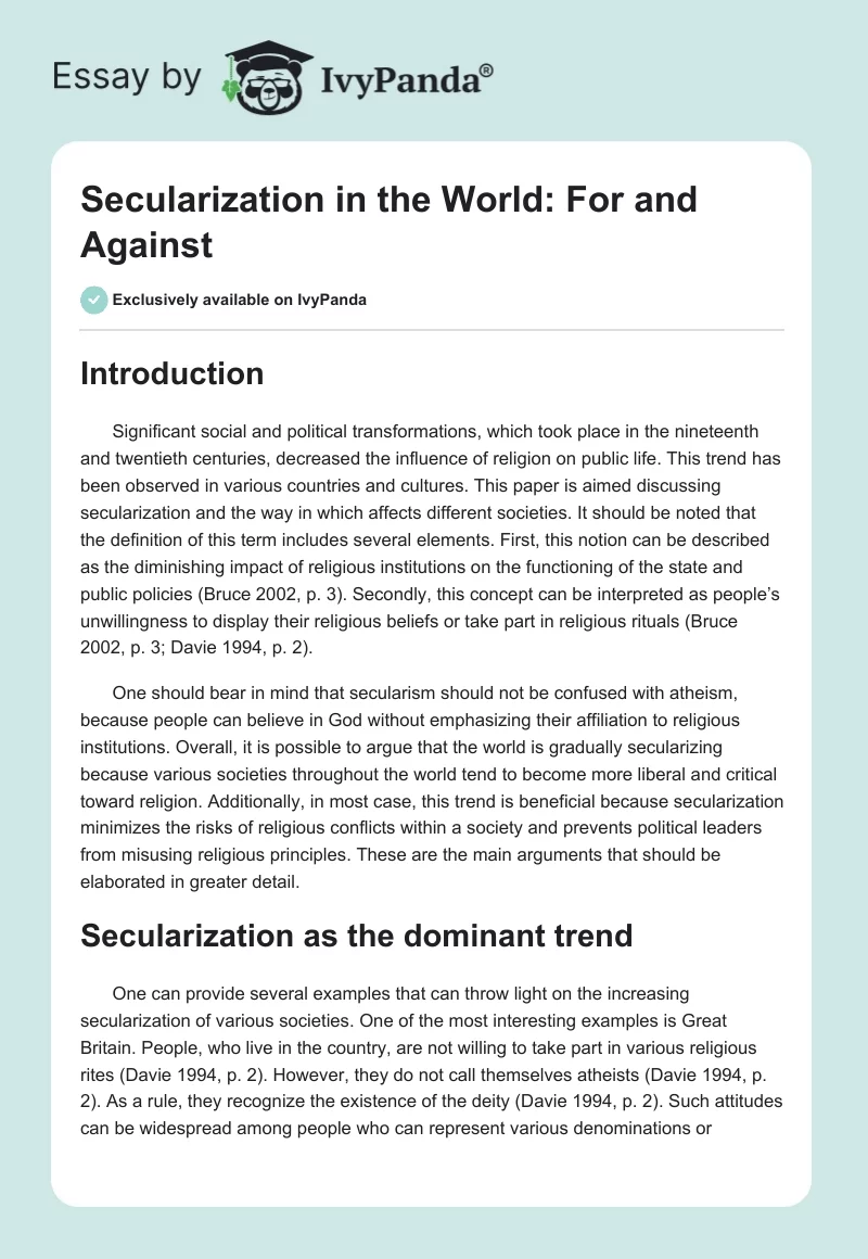 Secularization in the World: For and Against. Page 1