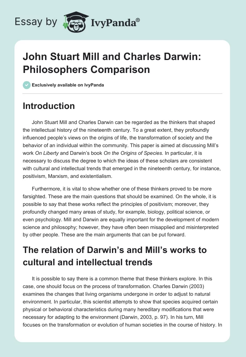 John Stuart Mill and Charles Darwin: Philosophers Comparison. Page 1