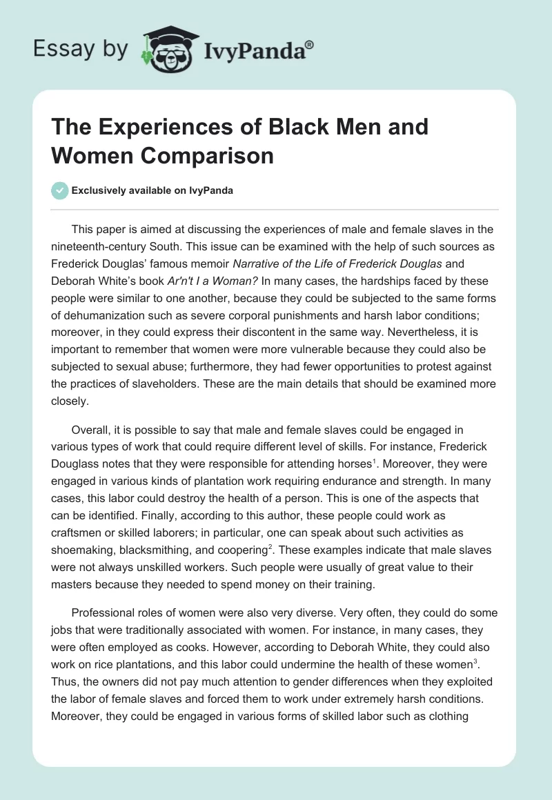 The Experiences of Black Men and Women Comparison. Page 1
