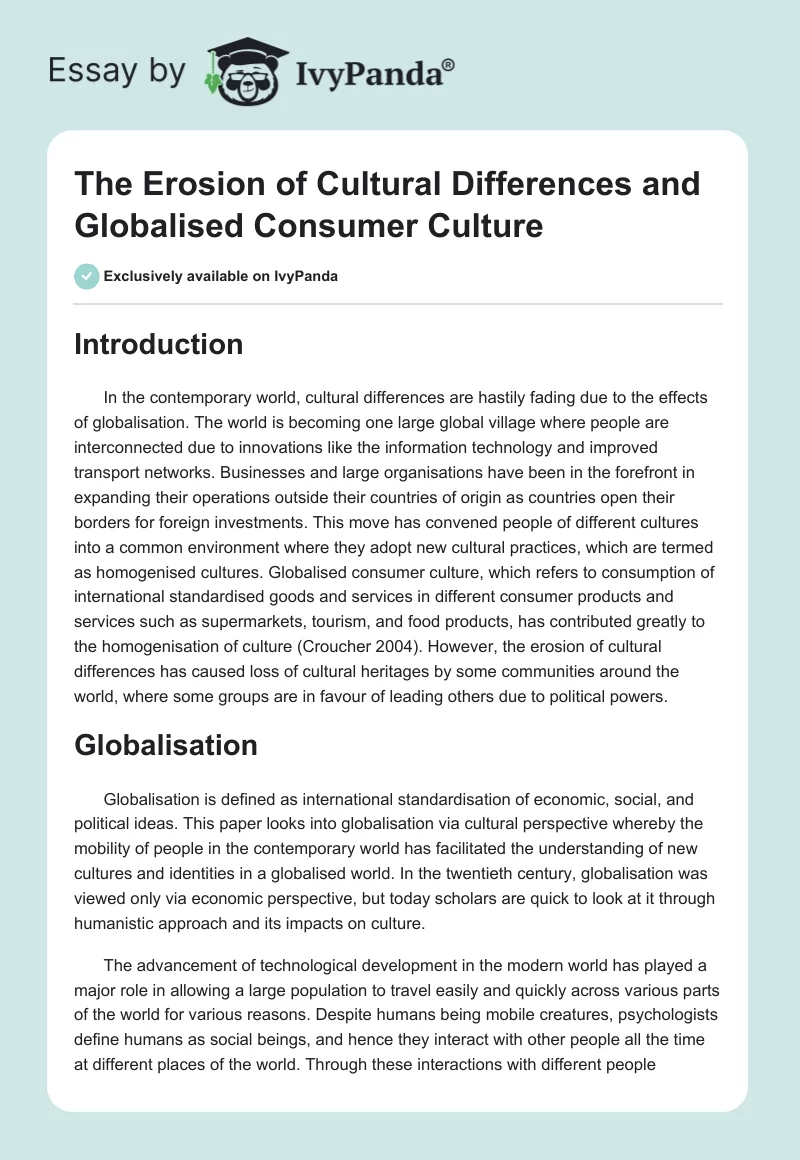 The Erosion of Cultural Differences and Globalised Consumer Culture. Page 1