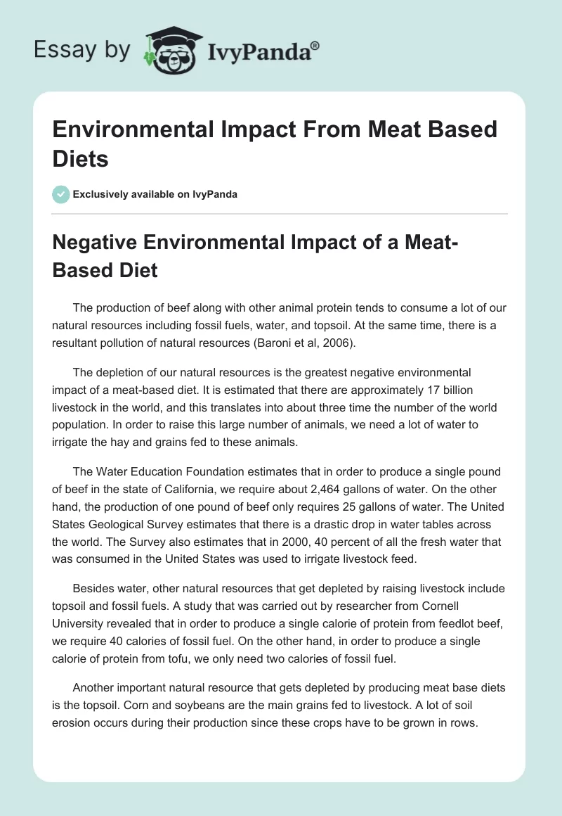 Environmental Impact From Meat Based Diets. Page 1