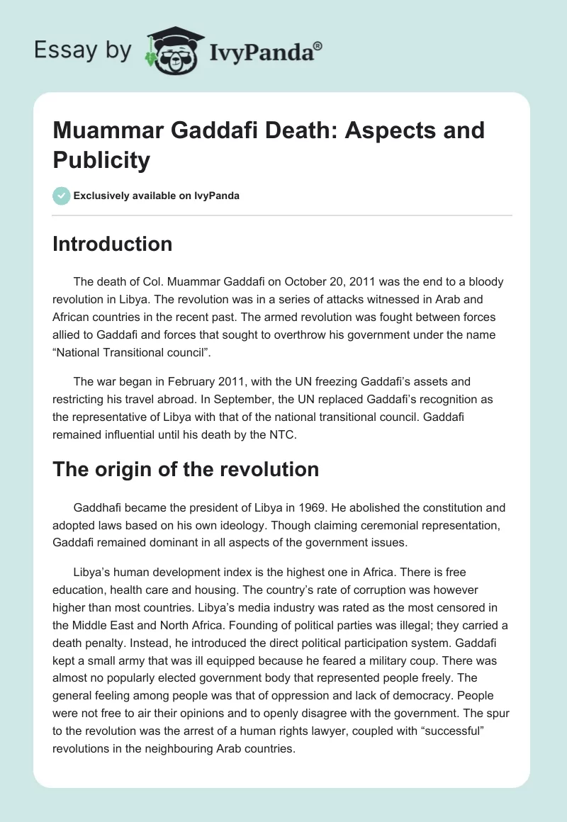 Muammar Gaddafi Death: Aspects and Publicity. Page 1