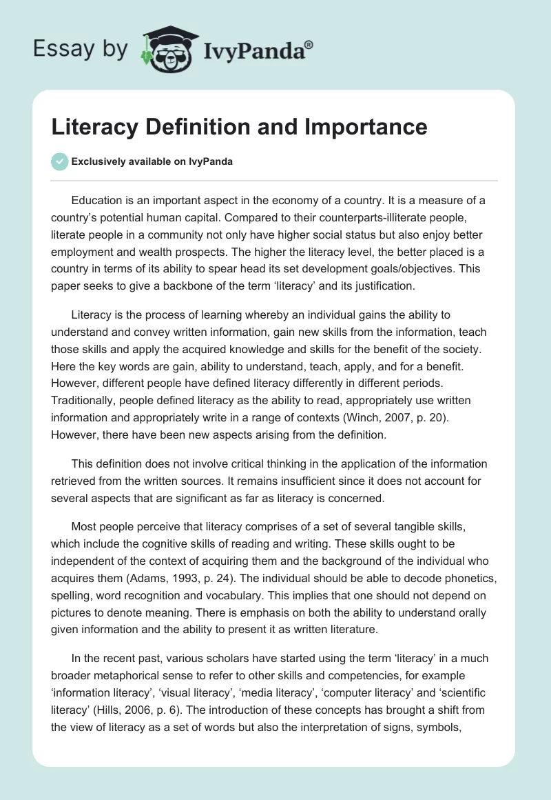 Literacy Definition and Importance. Page 1