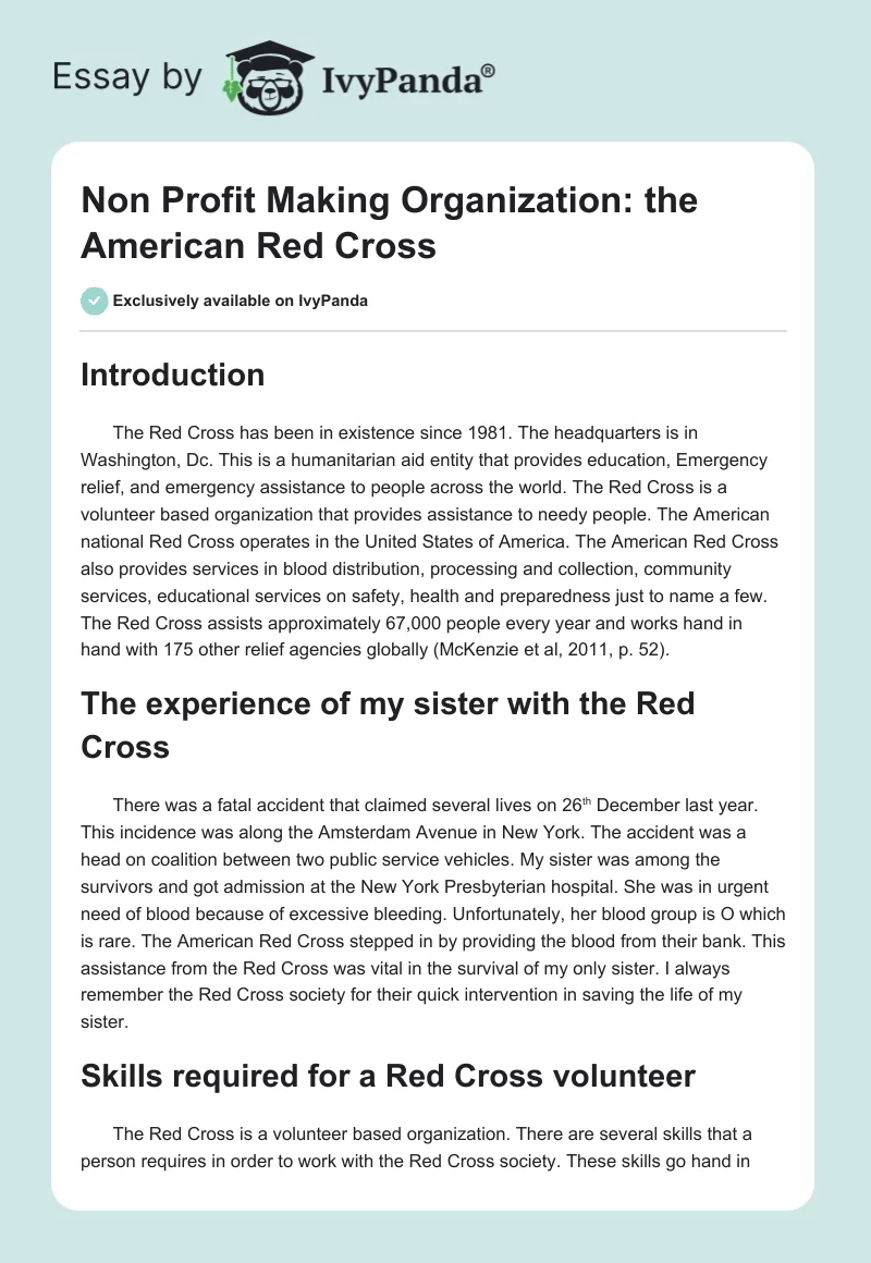 Non Profit Making Organization: the American Red Cross. Page 1