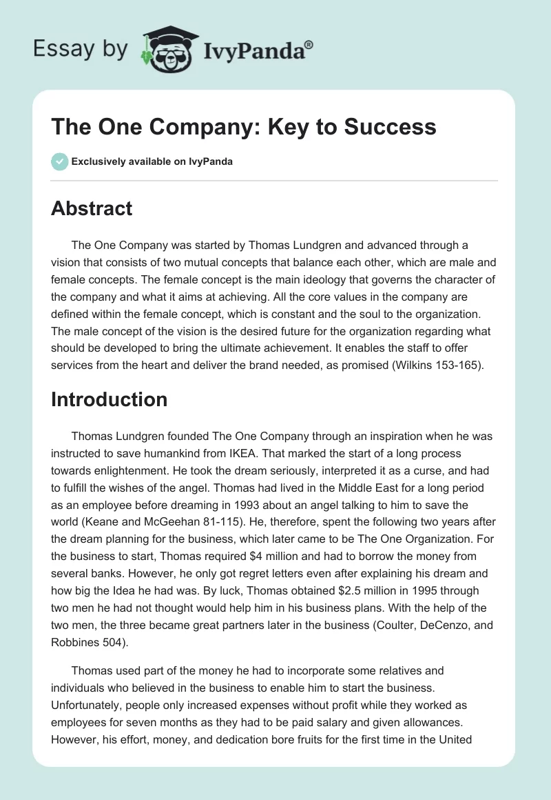The One Company: Key to Success. Page 1