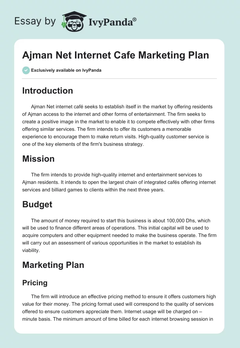 Ajman Net Internet Cafe Marketing Plan. Page 1