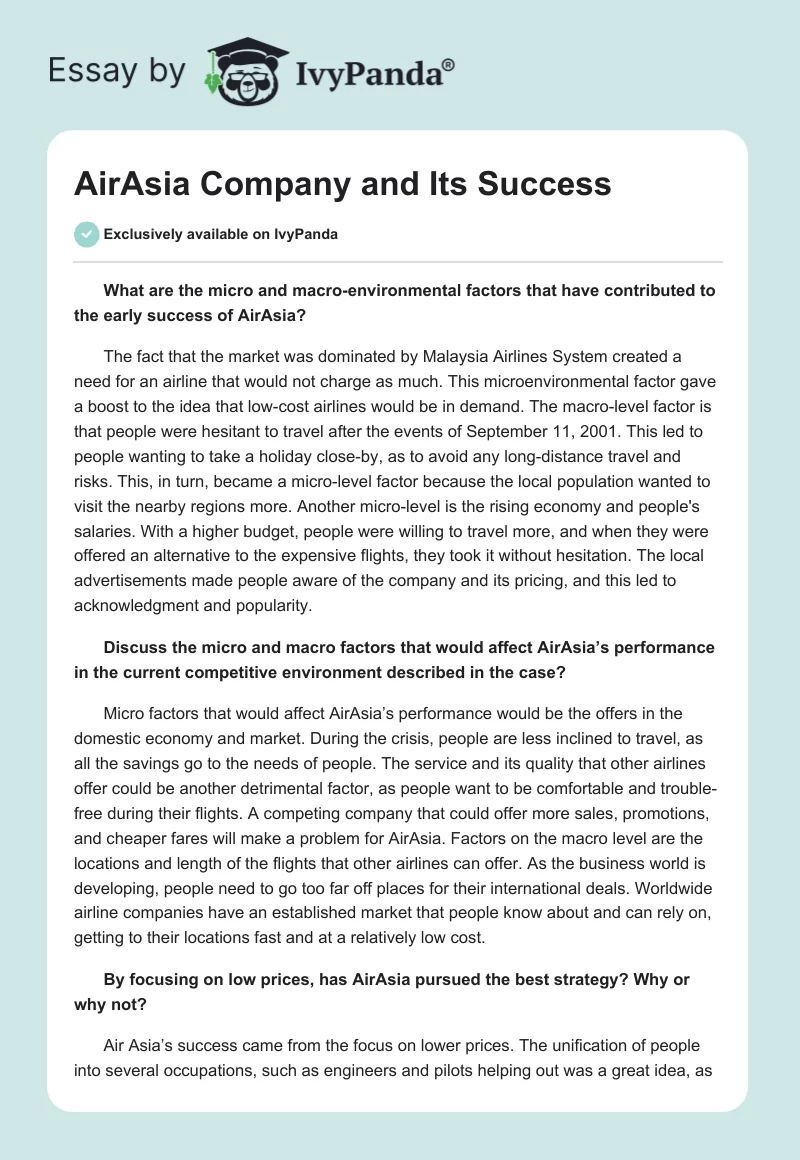 AirAsia Company and Its Success. Page 1