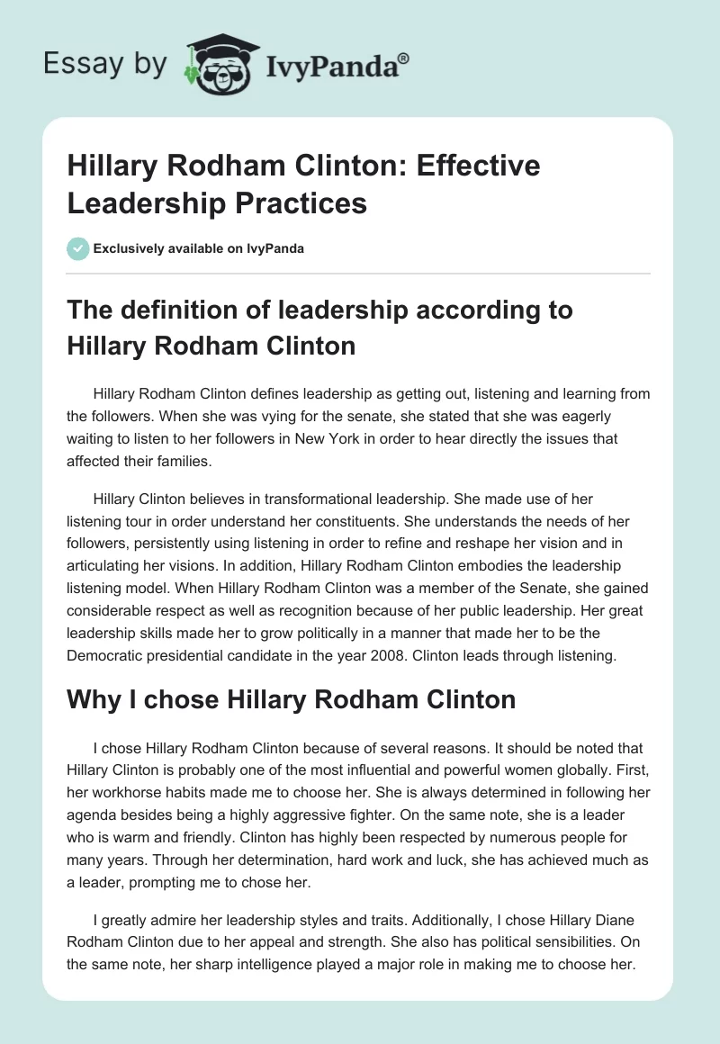 Hillary Rodham Clinton: Effective Leadership Practices. Page 1