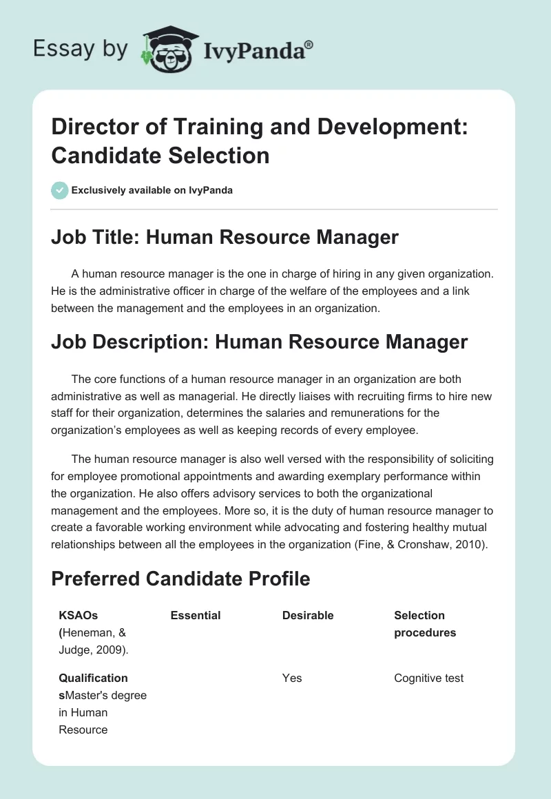 Director of Training and Development: Candidate Selection. Page 1
