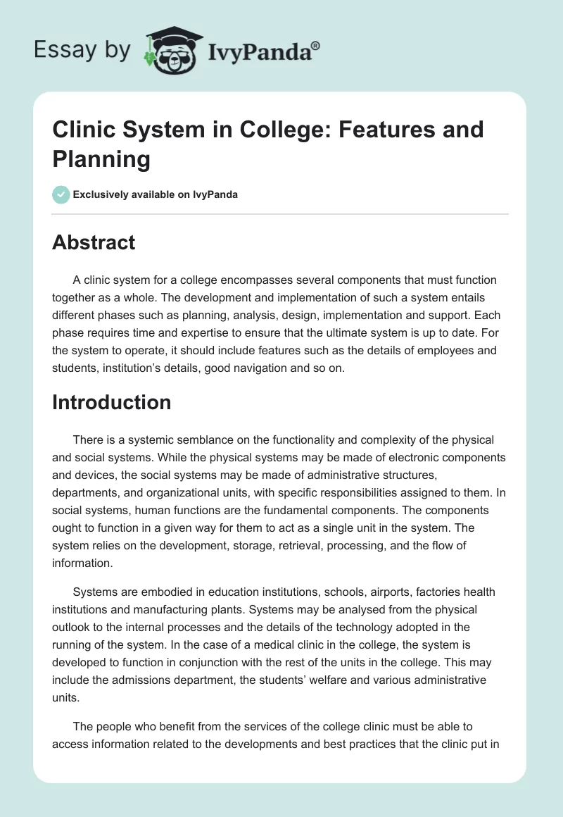 Clinic System in College: Features and Planning. Page 1