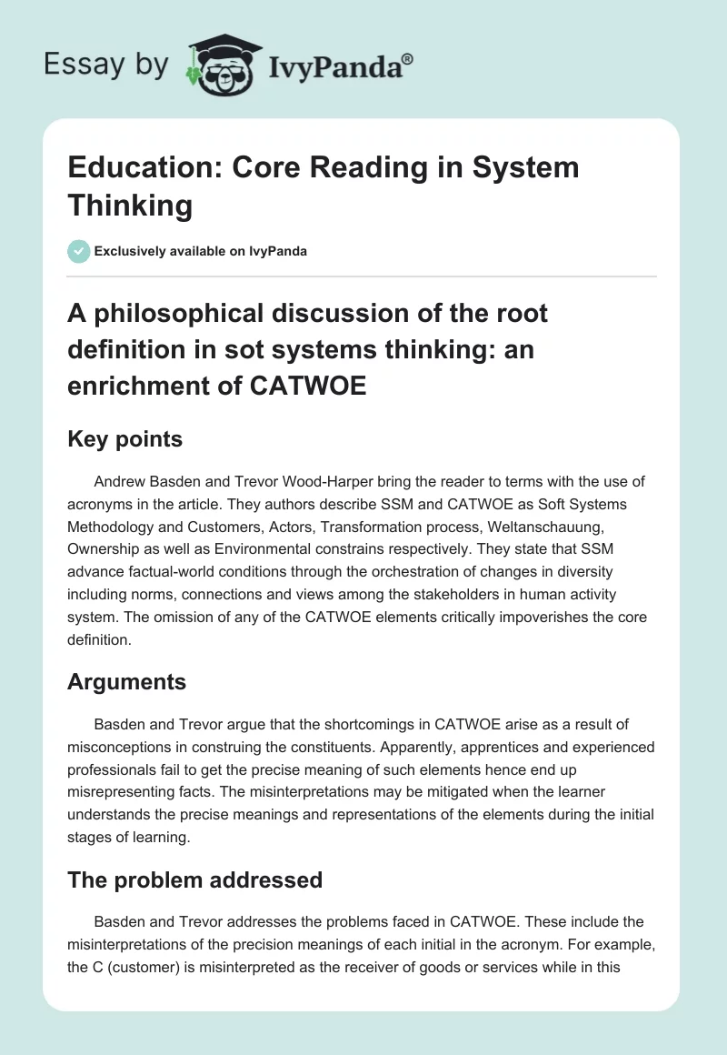 Education: Core Reading in System Thinking. Page 1