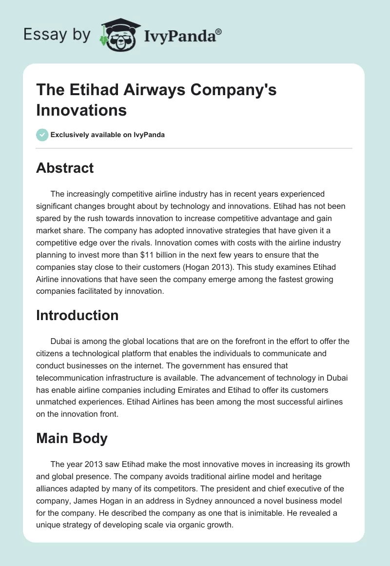 The Etihad Airways Company's Innovations. Page 1