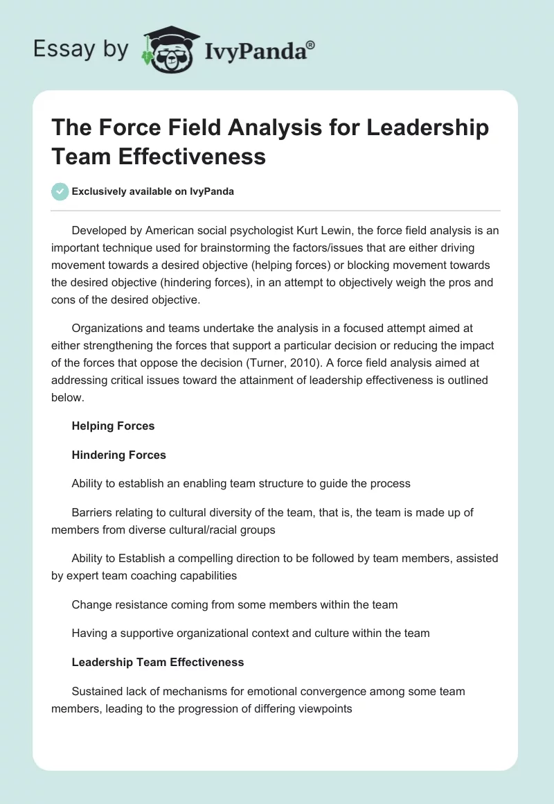 The Force Field Analysis for Leadership Team Effectiveness. Page 1
