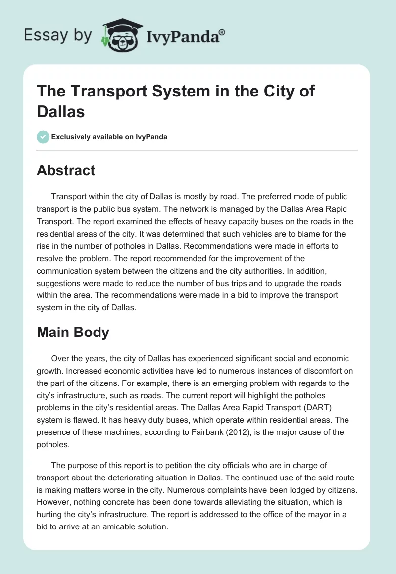 The Transport System in the City of Dallas. Page 1