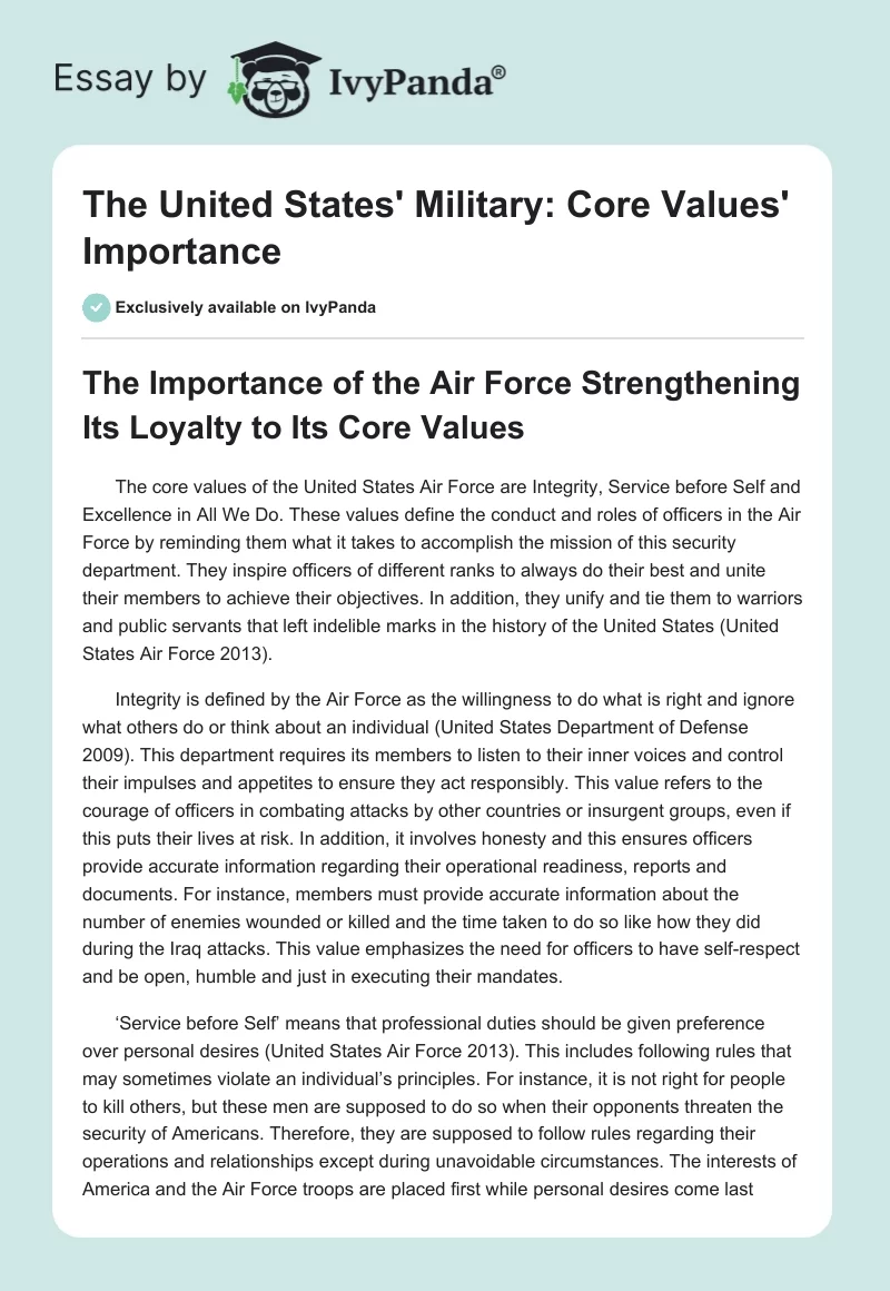 The United States' Military: Core Values' Importance. Page 1