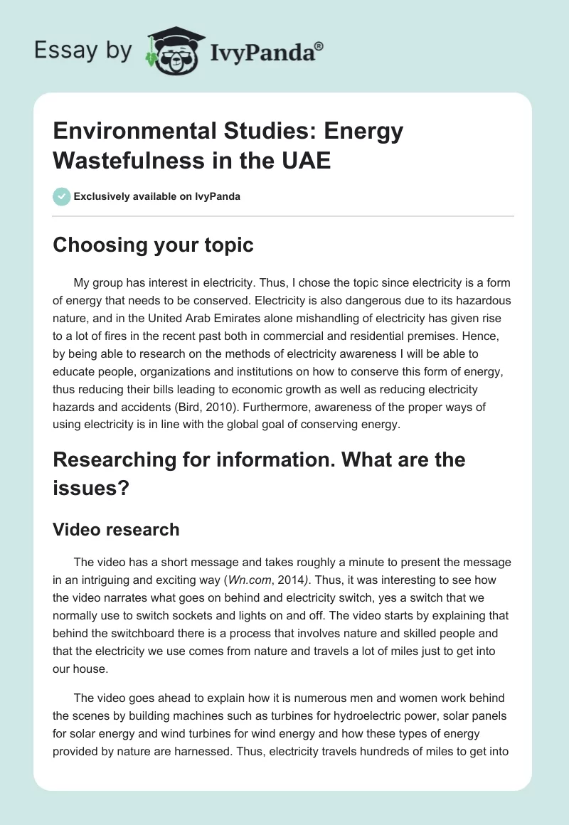 Environmental Studies: Energy Wastefulness in the UAE. Page 1