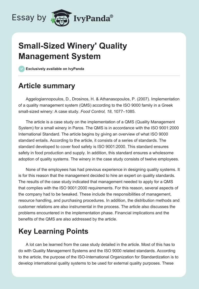 Small-Sized Winery' Quality Management System. Page 1