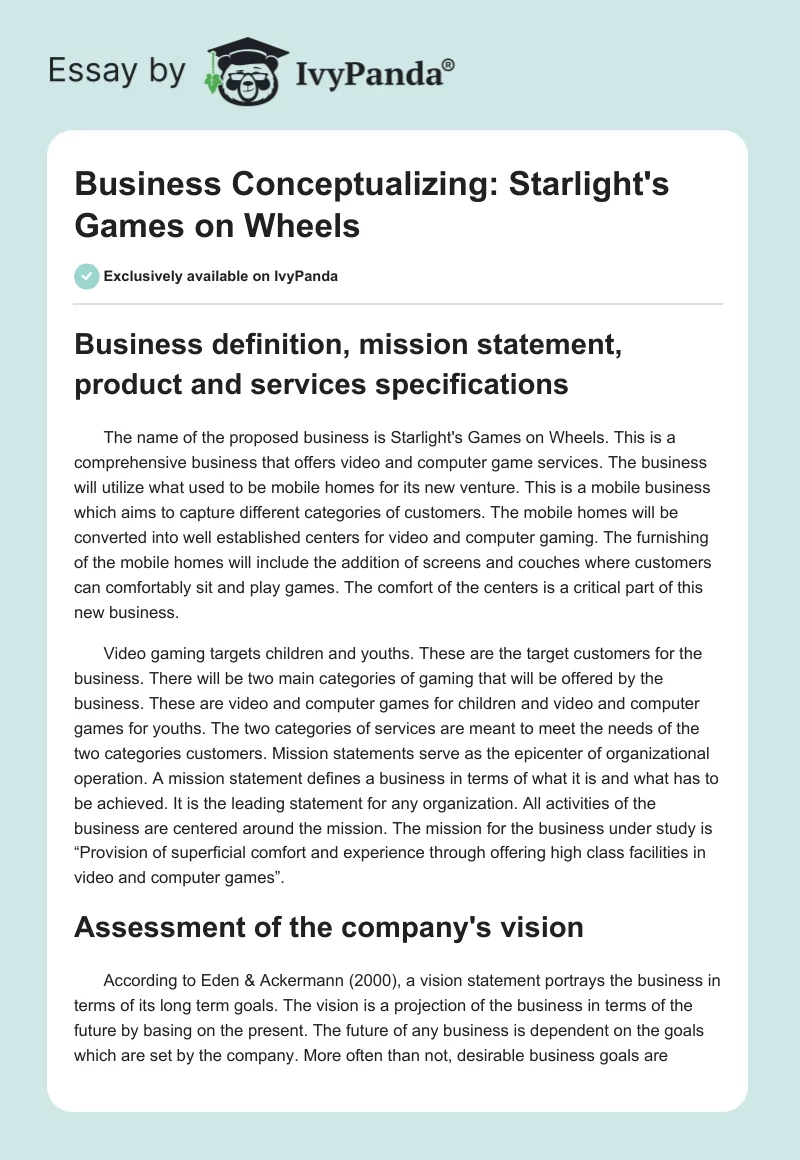 Business Conceptualizing: Starlight's Games on Wheels. Page 1