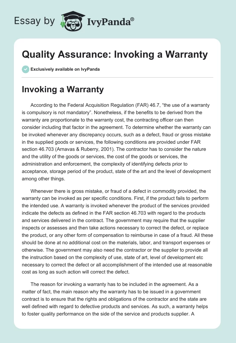 Quality Assurance: Invoking a Warranty. Page 1