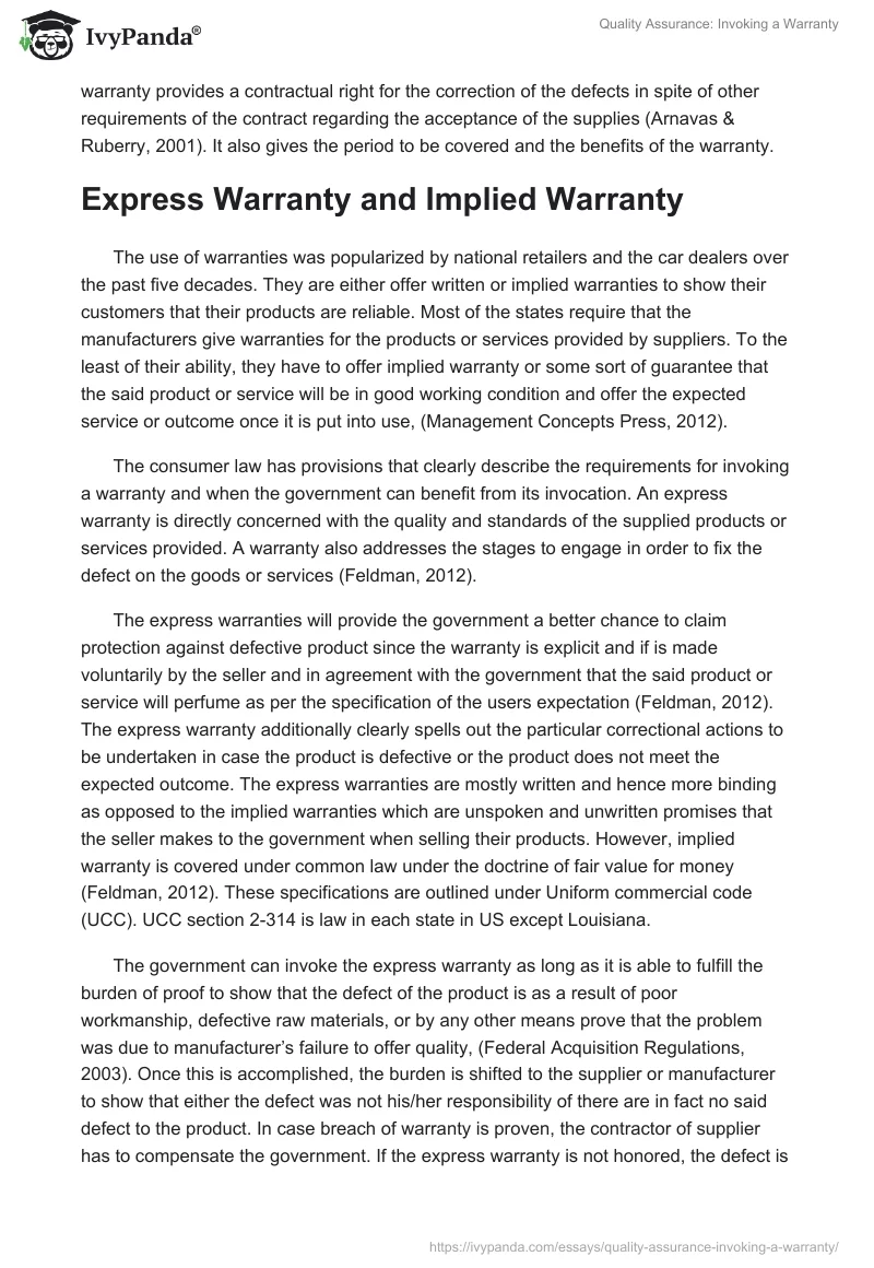 Quality Assurance: Invoking a Warranty. Page 2