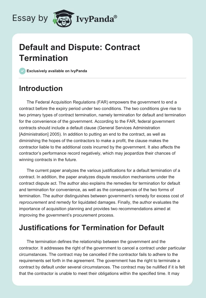 Default and Dispute: Contract Termination. Page 1