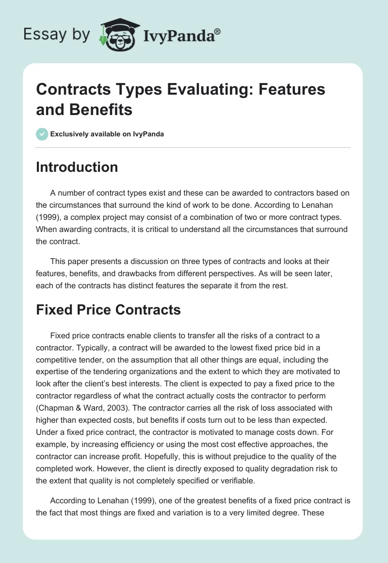 Contracts Types Evaluating: Features and Benefits. Page 1