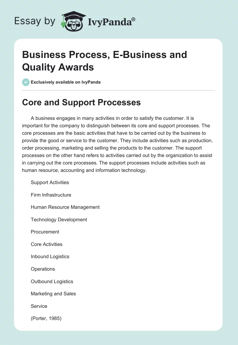 Business Process, E-Business and Quality Awards. Page 1