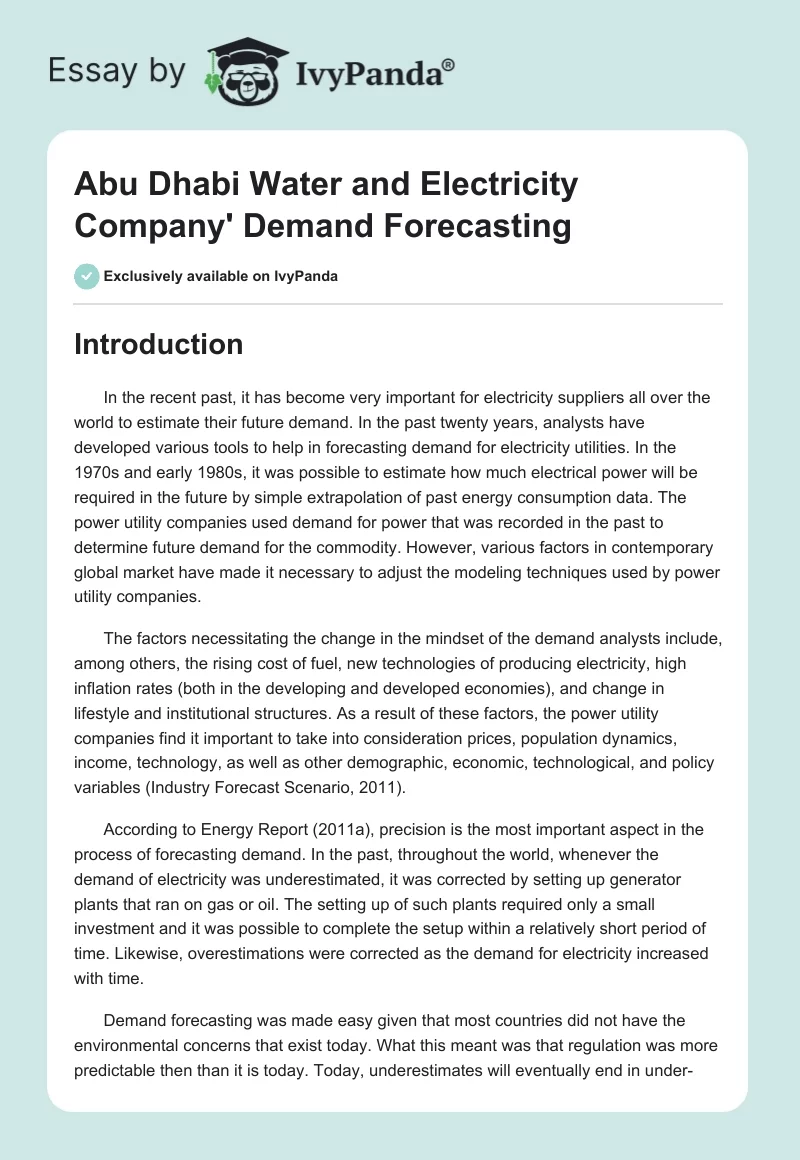 Abu Dhabi Water and Electricity Company' Demand Forecasting. Page 1